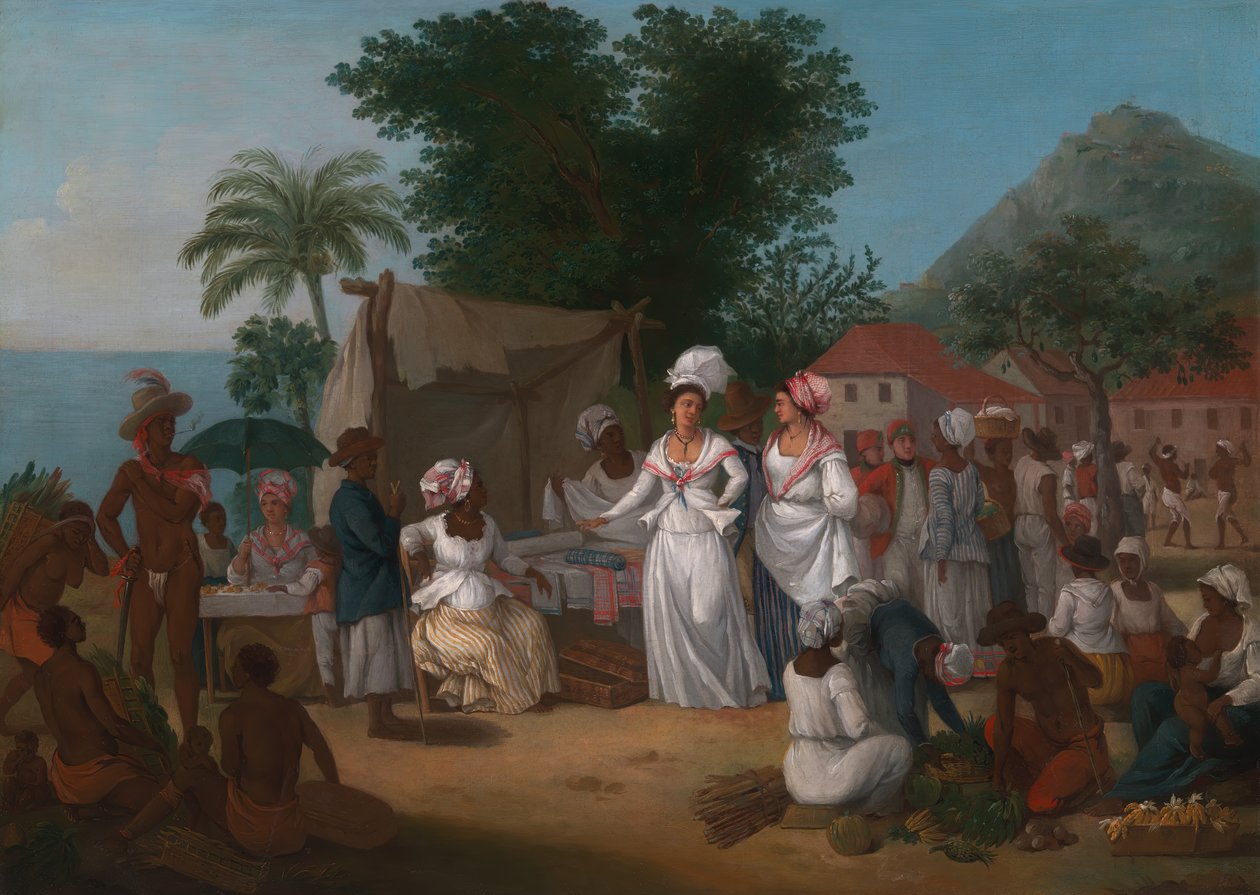 En linnemarknad med en linnebod och grönsaksförsäljare i Västindien, ca. 1780. av Agostino Brunias