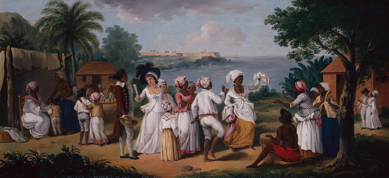 En negerdans på ön Dominica, Fort Young bortom (olja på duk) av Agostino Brunias