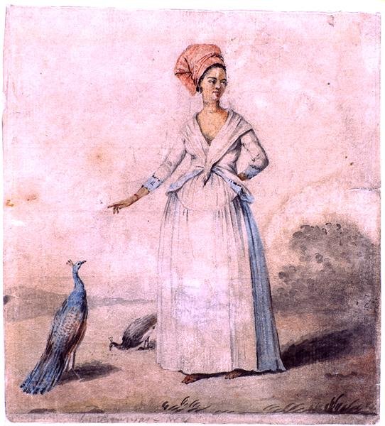 Dam med påfågel, ca 1770 (bläck och tvätt på papper) av Agostino Brunias