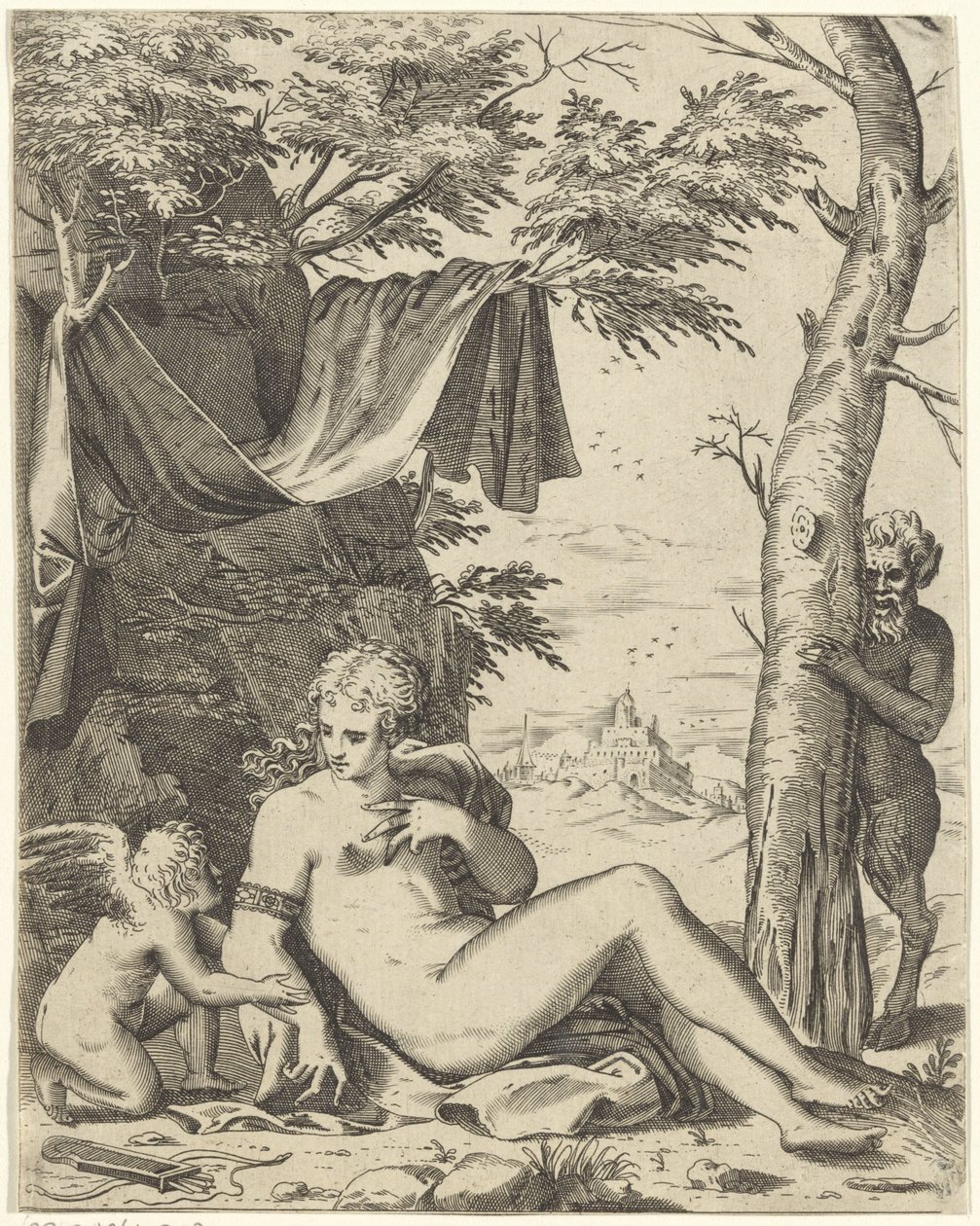 Venus, kärlek på sater av Agostino Carracci (attributed to)