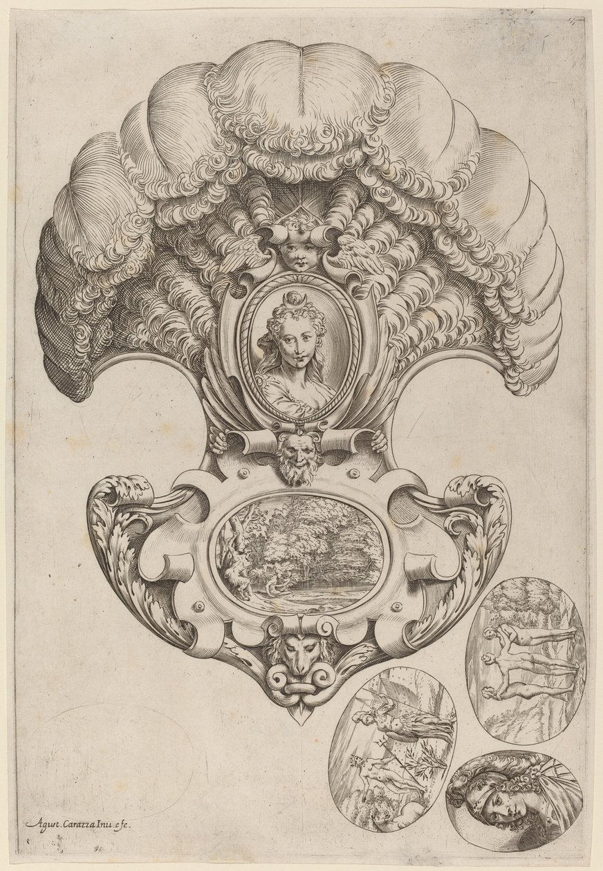 Ett huvudstycke i form av en fläkt av Agostino Carracci