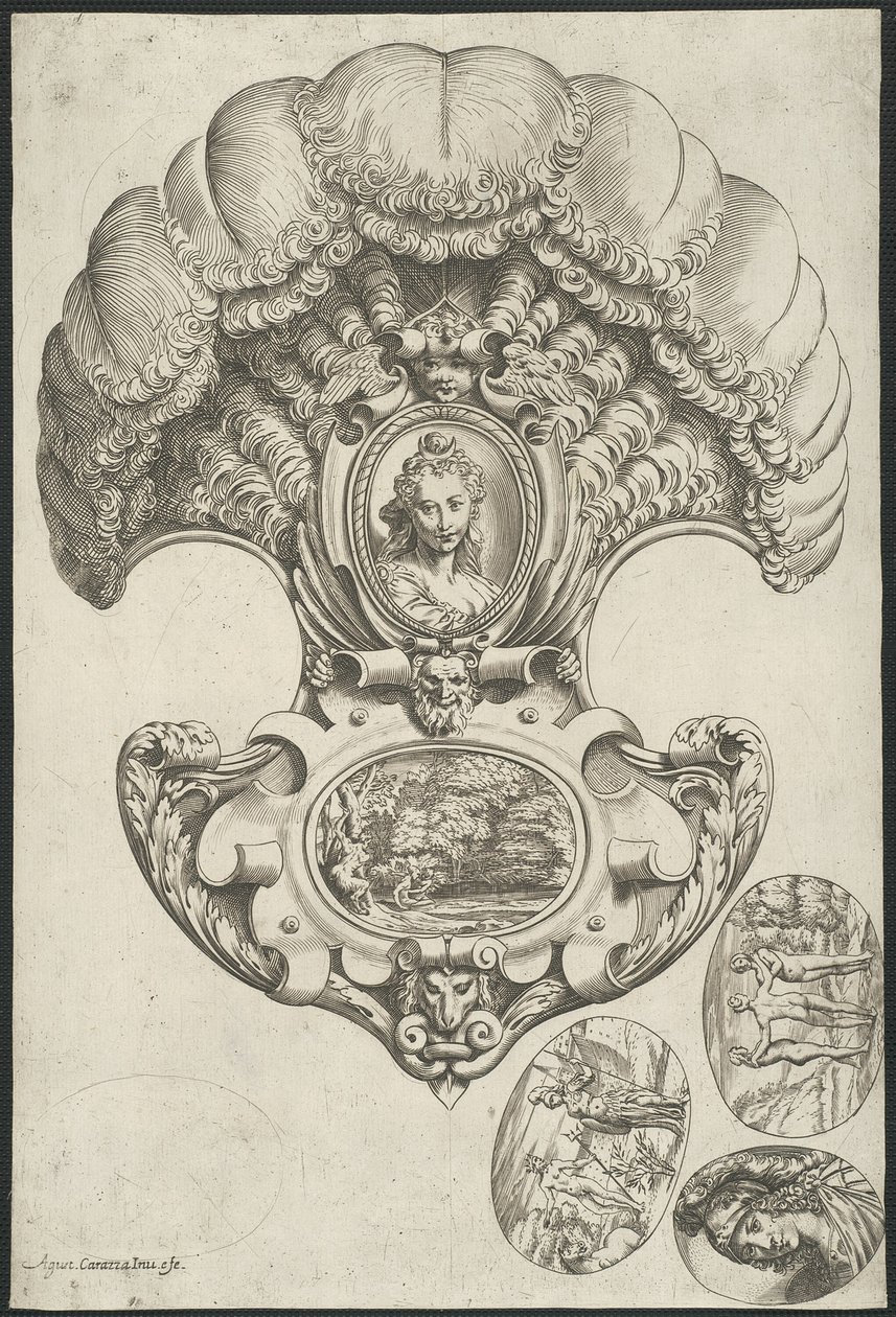 Ett huvudstycke i form av en fläkt av Agostino Carracci