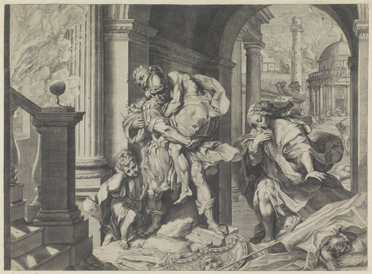Aeneas flyr med sin familj från Troja av Agostino Carracci