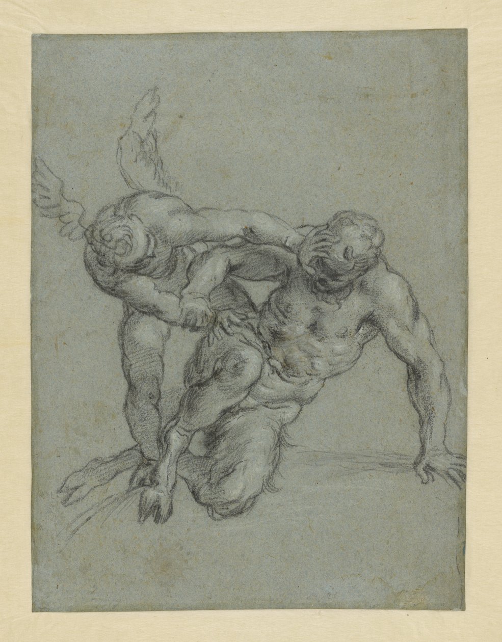 Amor som övermannar Pan (recto); munkhuvud; karikatyr av en man i profil (verso) av Agostino Carracci