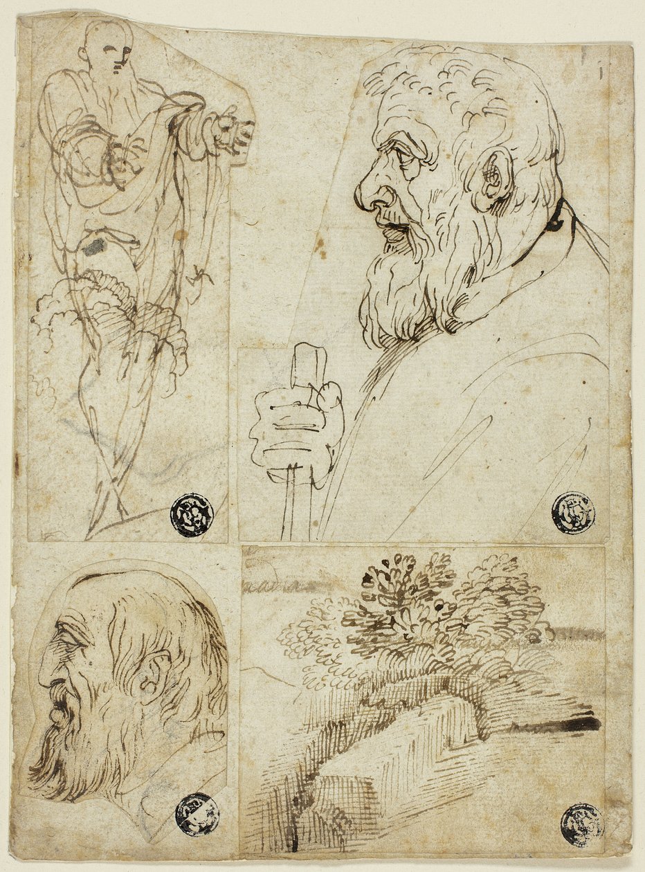 Fyra skisser: Stående mansfigur; byst av skäggig man i profil; huvud av skäggig man i profil; landskap av Agostino Carracci