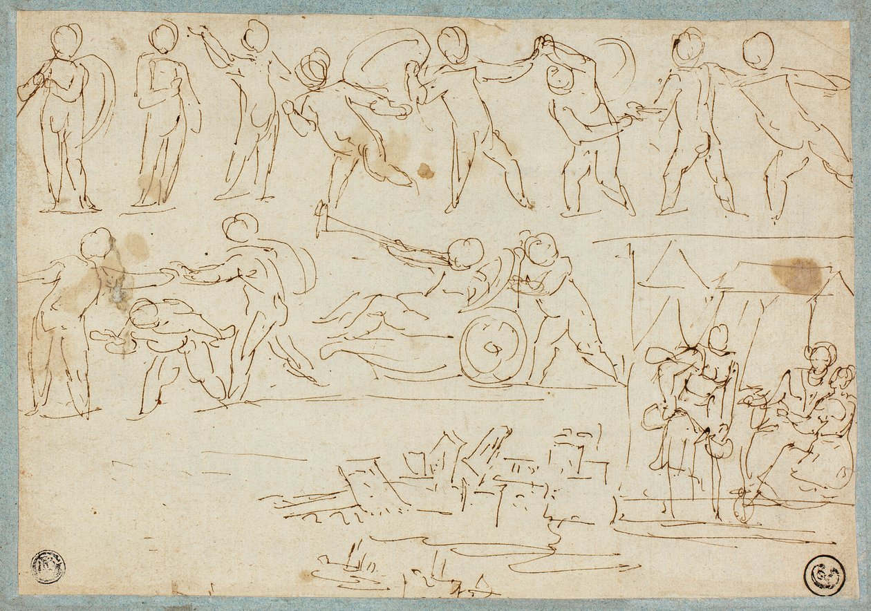 Fris av Putti, Skiss av Lot och hans döttrar, Skiss av byggnader av Agostino Carracci