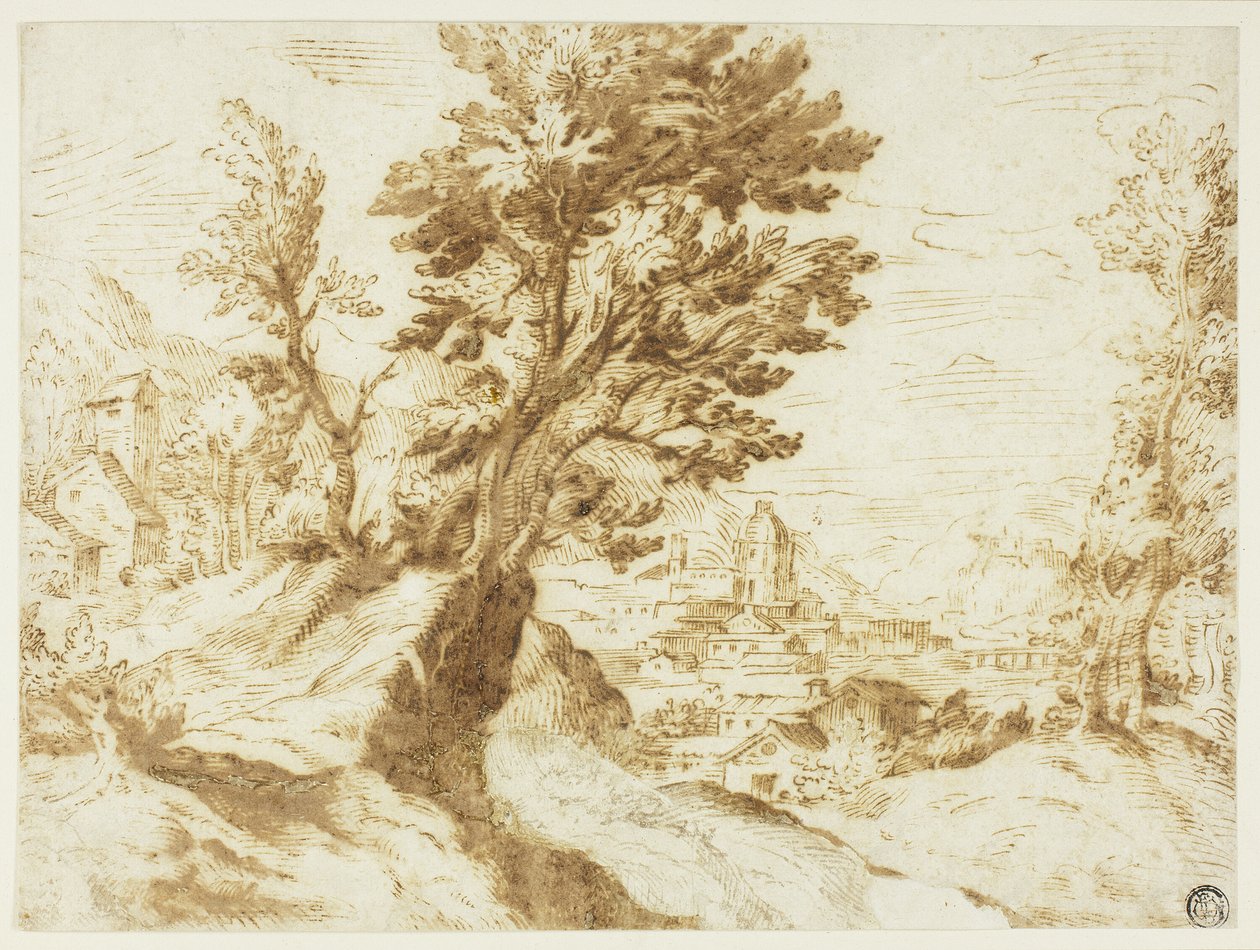 Kuperat landskap med stad på avstånd av Agostino Carracci
