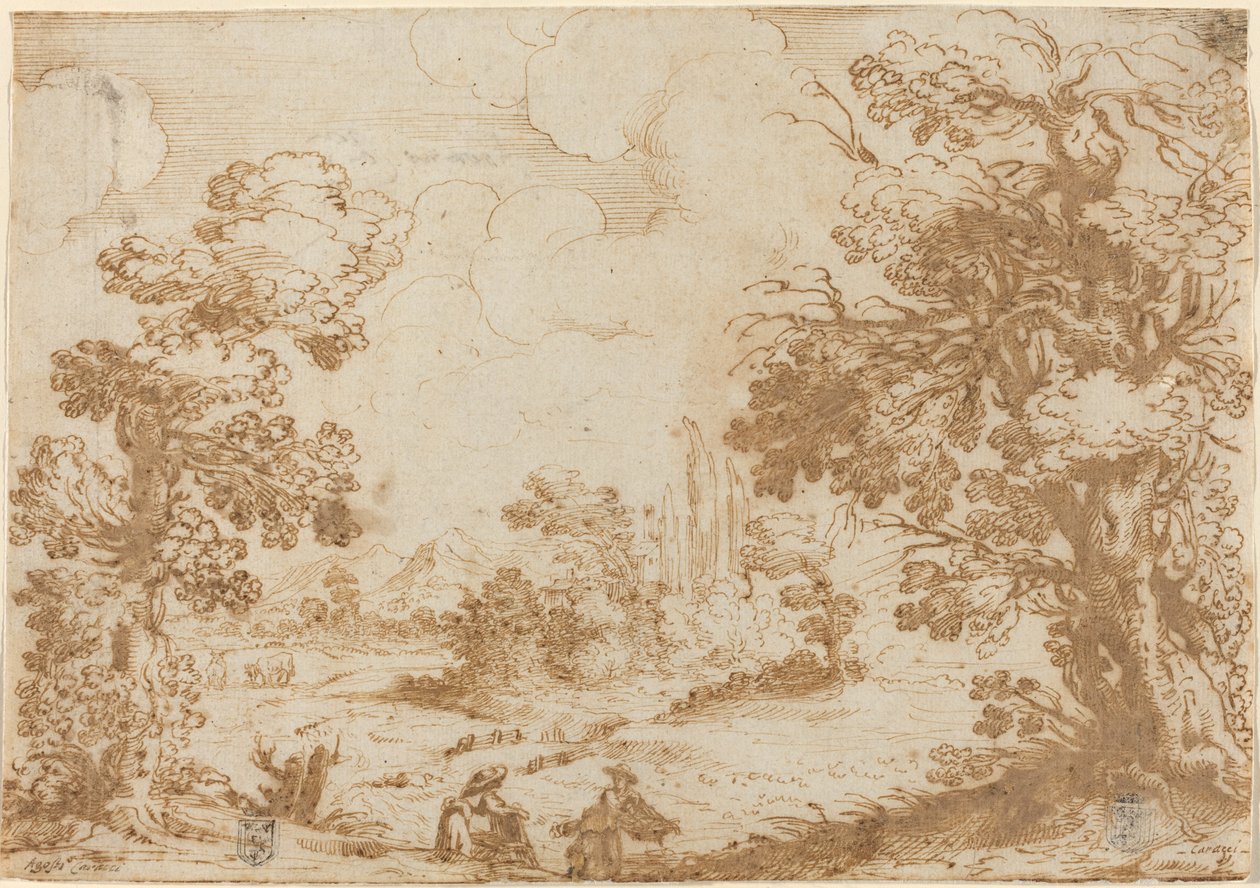 Landskap med två tvättkvinnor av Agostino Carracci
