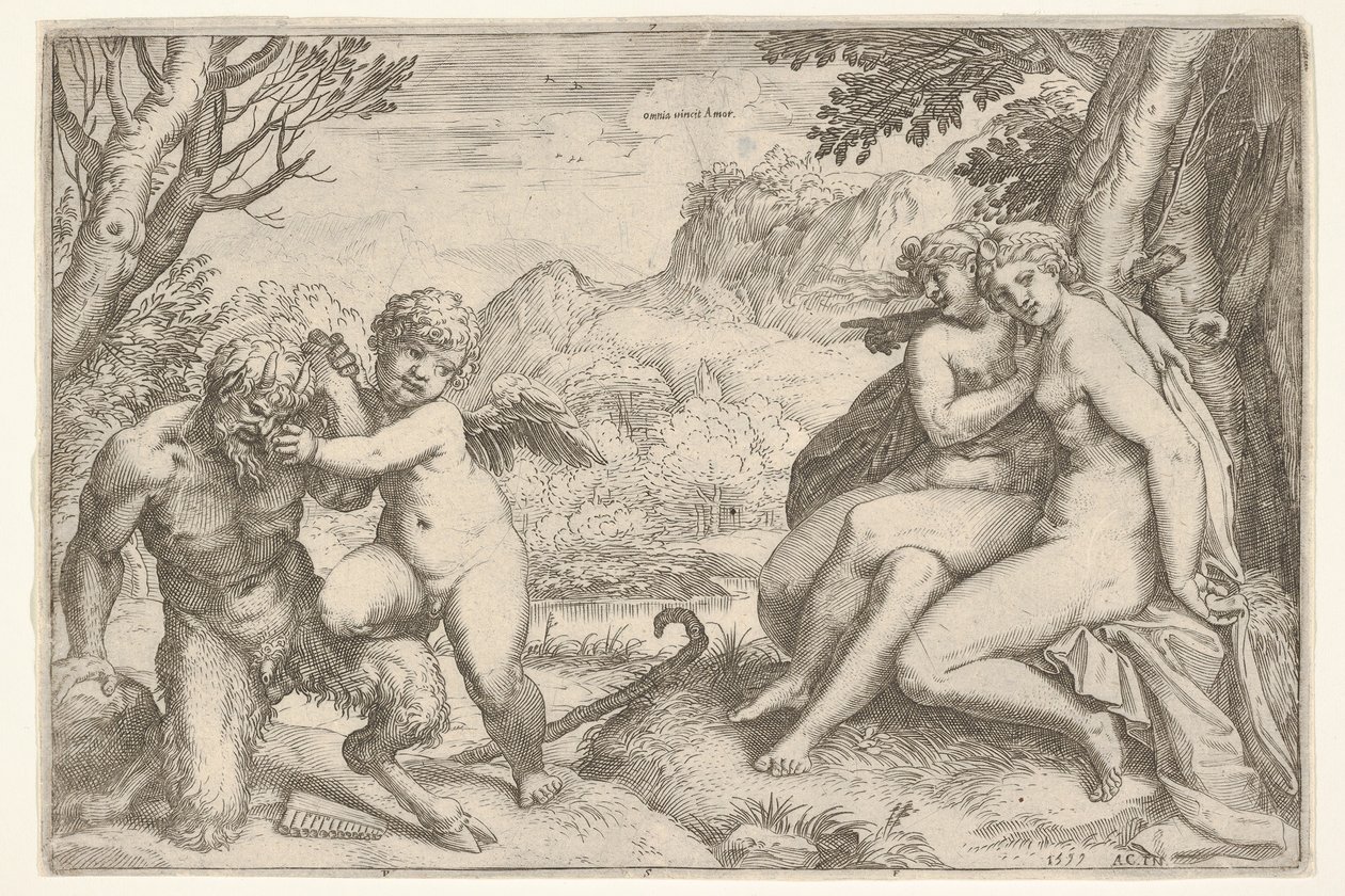 Kärleken övervinner allt Omnia vincit Amor, i en kamp med en satyr placerar Amor sin högra kn..., 1599. av Agostino Carracci