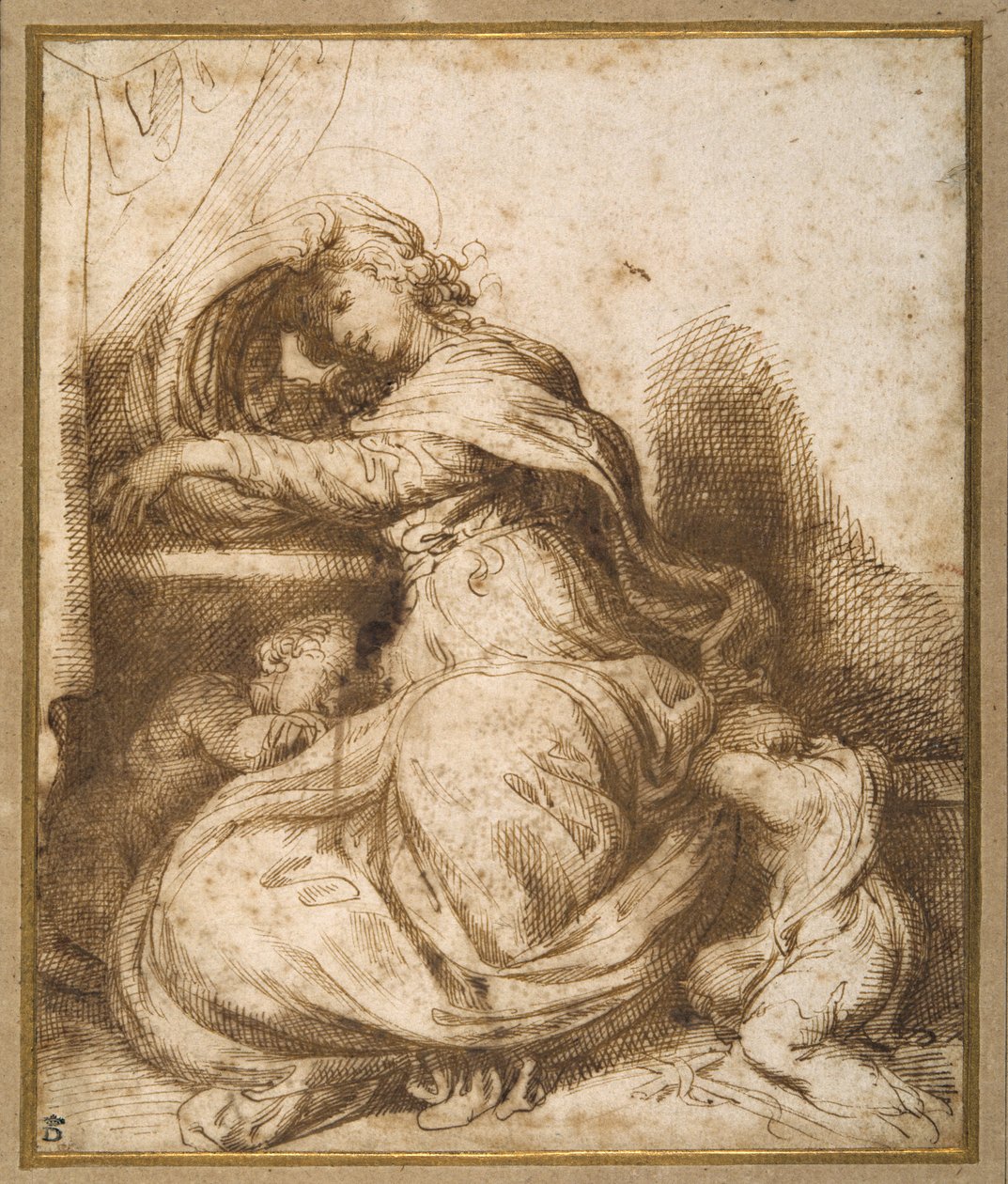 Madonna och barn med St John, alla sover (penna & brunt bläck och brunt tvätt) av Agostino Carracci