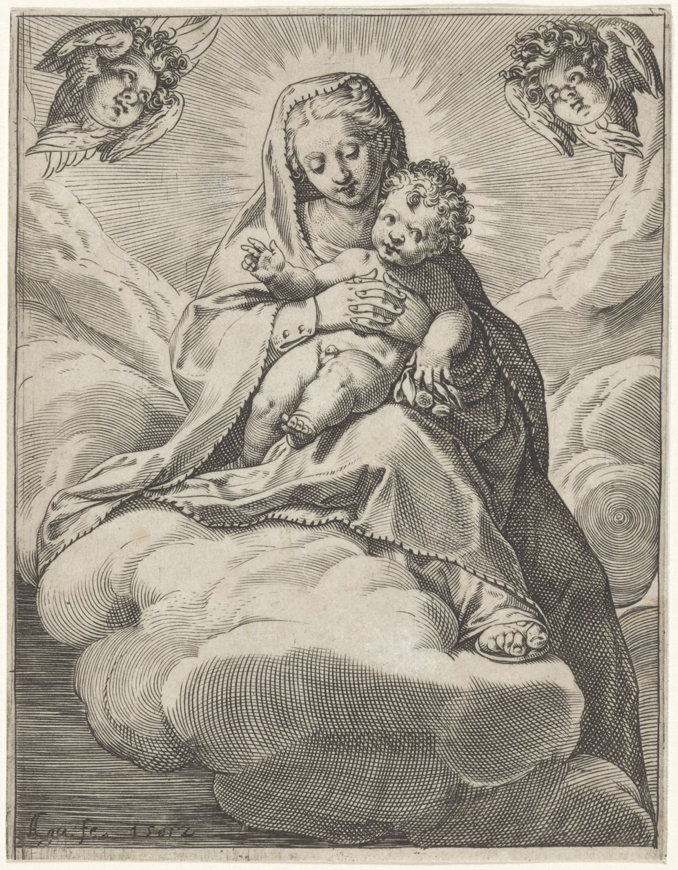 Mary med barnet i molnen av Agostino Carracci