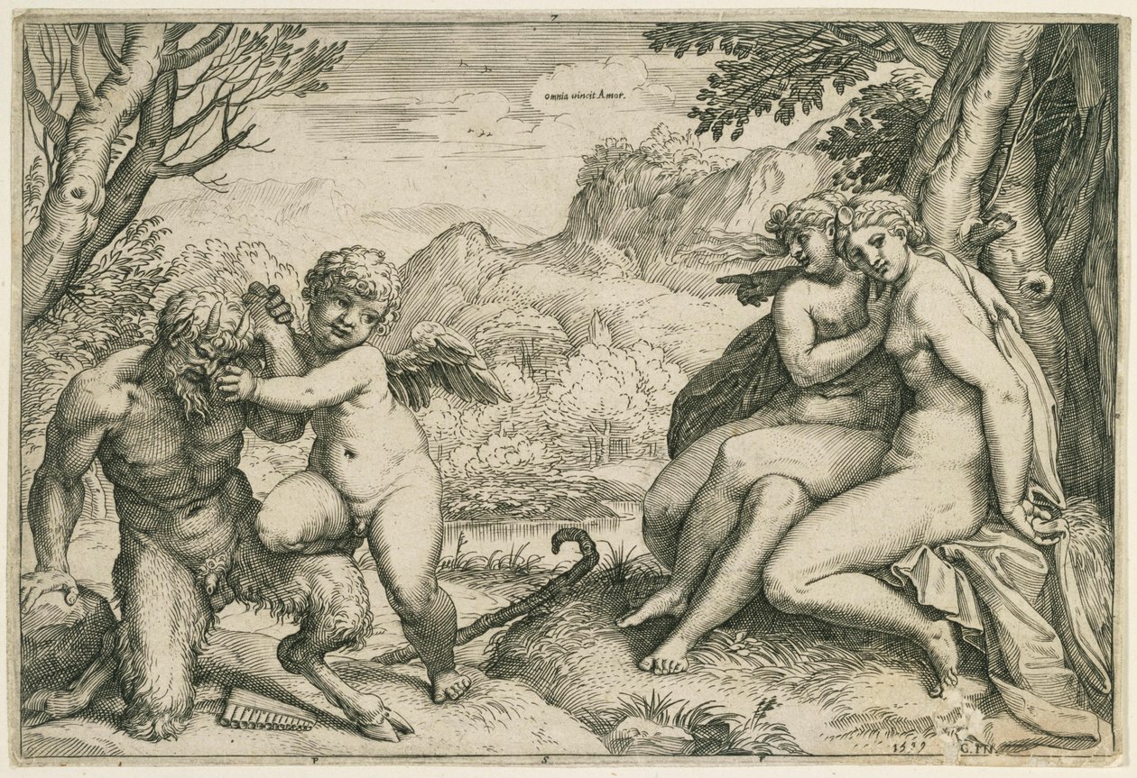 Omnia vincit Amor (Amor besegrar Pan; till höger två nymfer under ett träd, i ett landskap) av Agostino Carracci