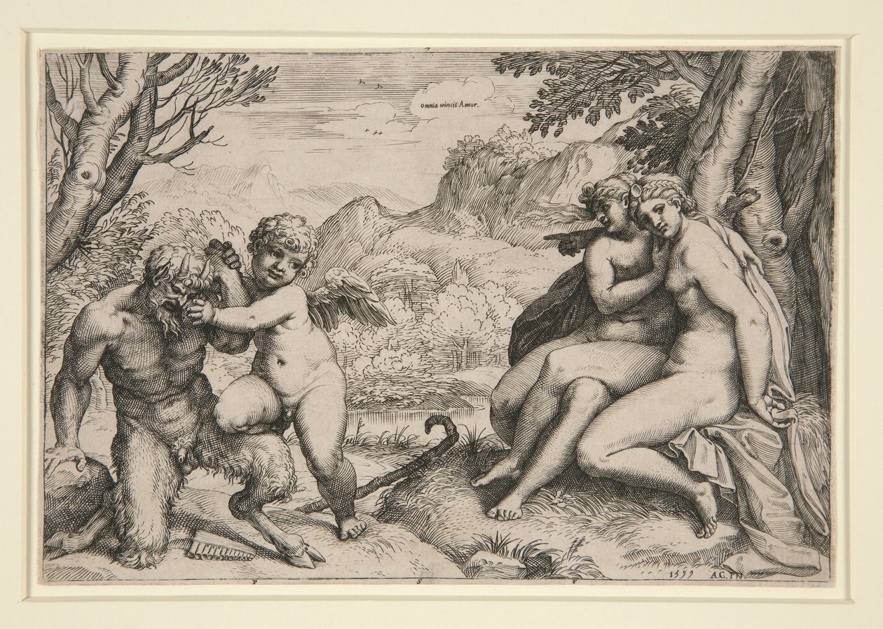 Pan Dämpad av Cupid av Agostino Carracci