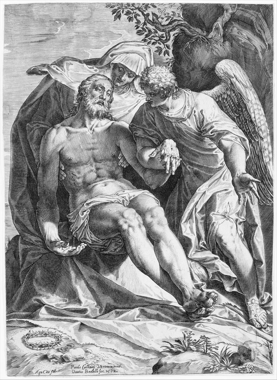 Pieta, Kristus stödd av jungfrun och en ängel till höger, 1582. av Agostino Carracci
