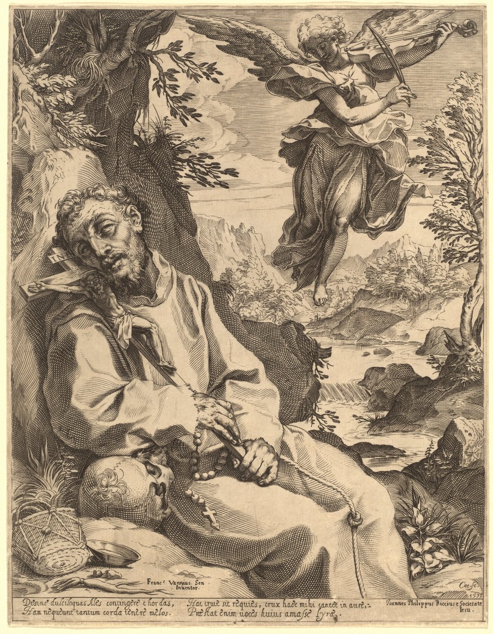 Sankt Franciskus tröstad av den musicerande ängeln av Agostino Carracci