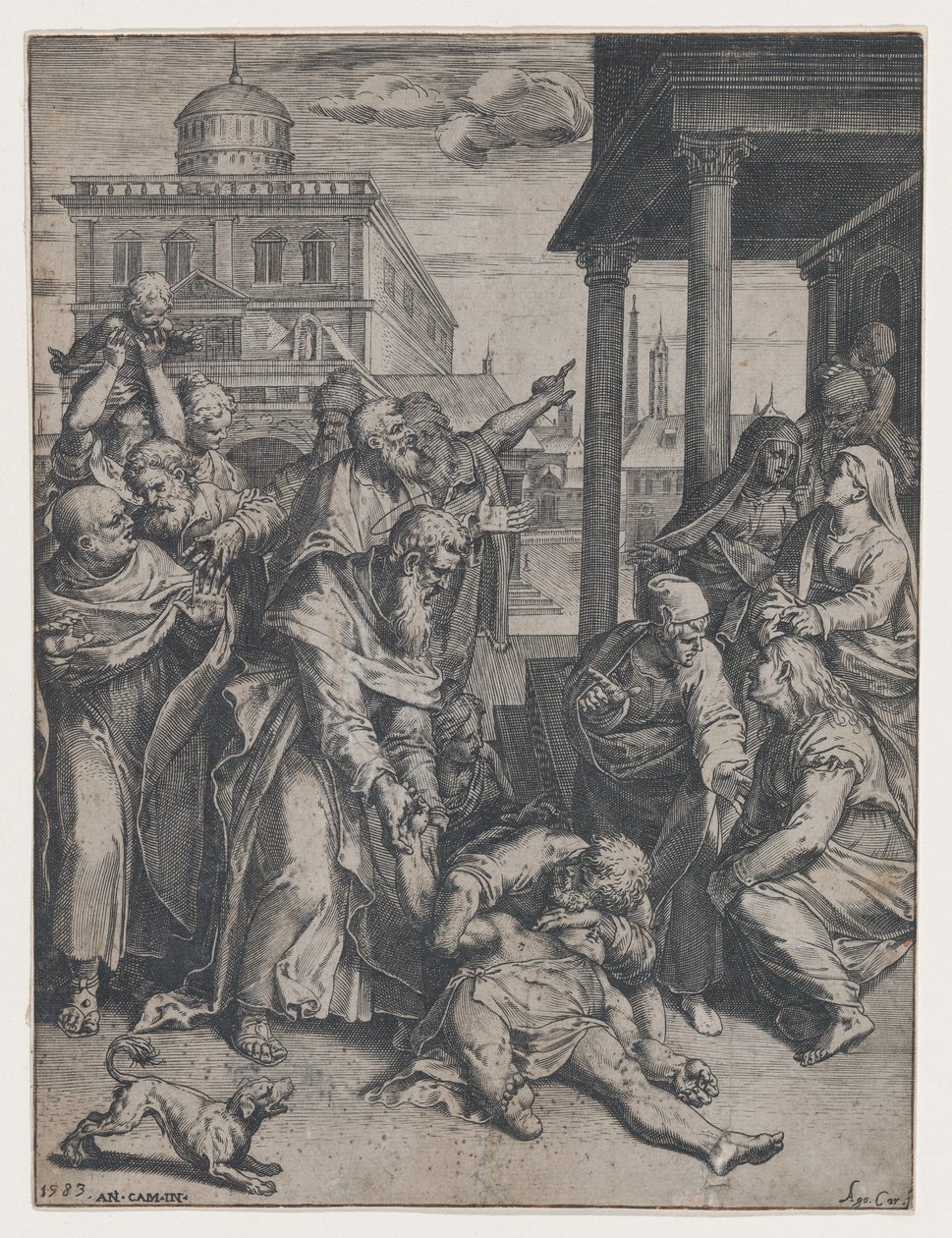 Saint Paul höjer Patroclus som är på marken, omgiven av en grupp åskådare, ..., 1583. av Agostino Carracci
