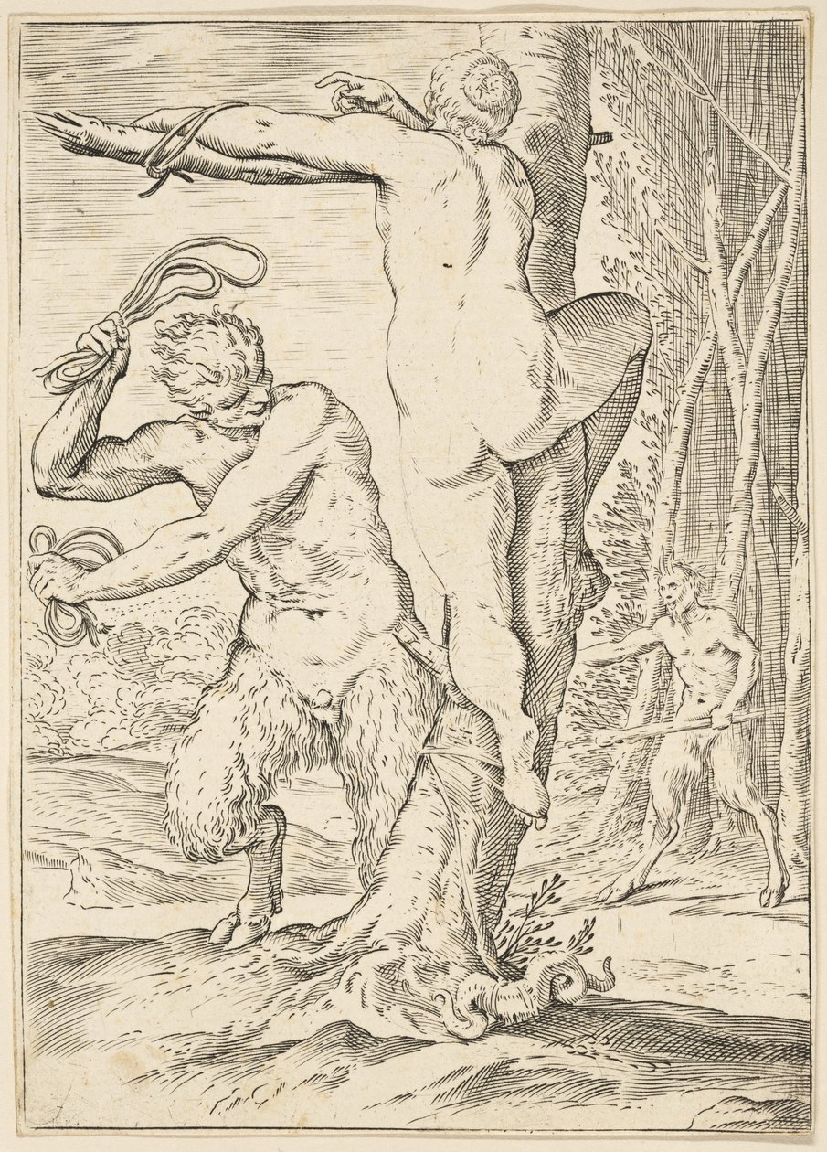 Satyr piskar en nymf, c.1590-95 av Agostino Carracci