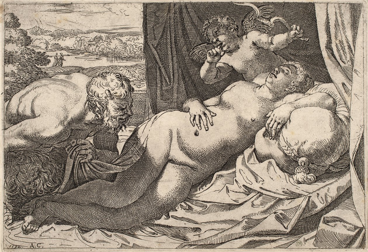 Satyr och nymf av Agostino Carracci