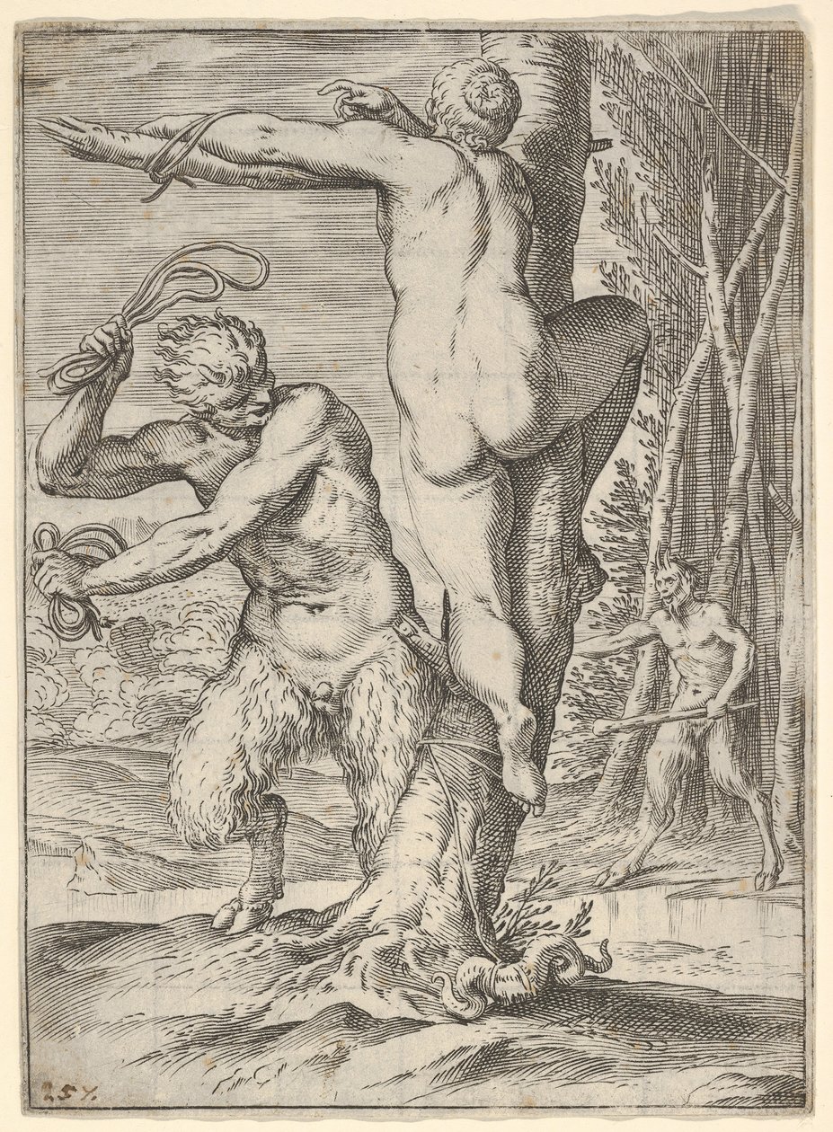 Satyr piskar en nymf, som visas bakifrån och bunden till ett träd, en andra saty..., ca. 1590-95. av Agostino Carracci