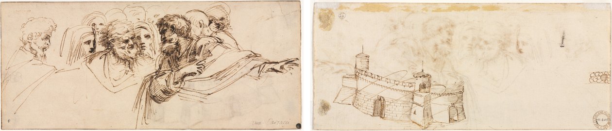 Studie av huvuden (recto); Krenelerad fästning (verso) av Agostino Carracci