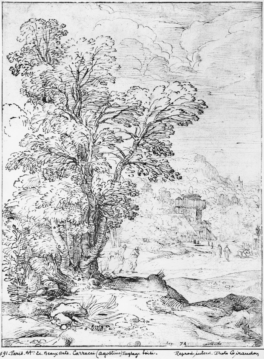 Skogbevuxen landskap (penna och bläck på papper) (bw foto) av Agostino Carracci
