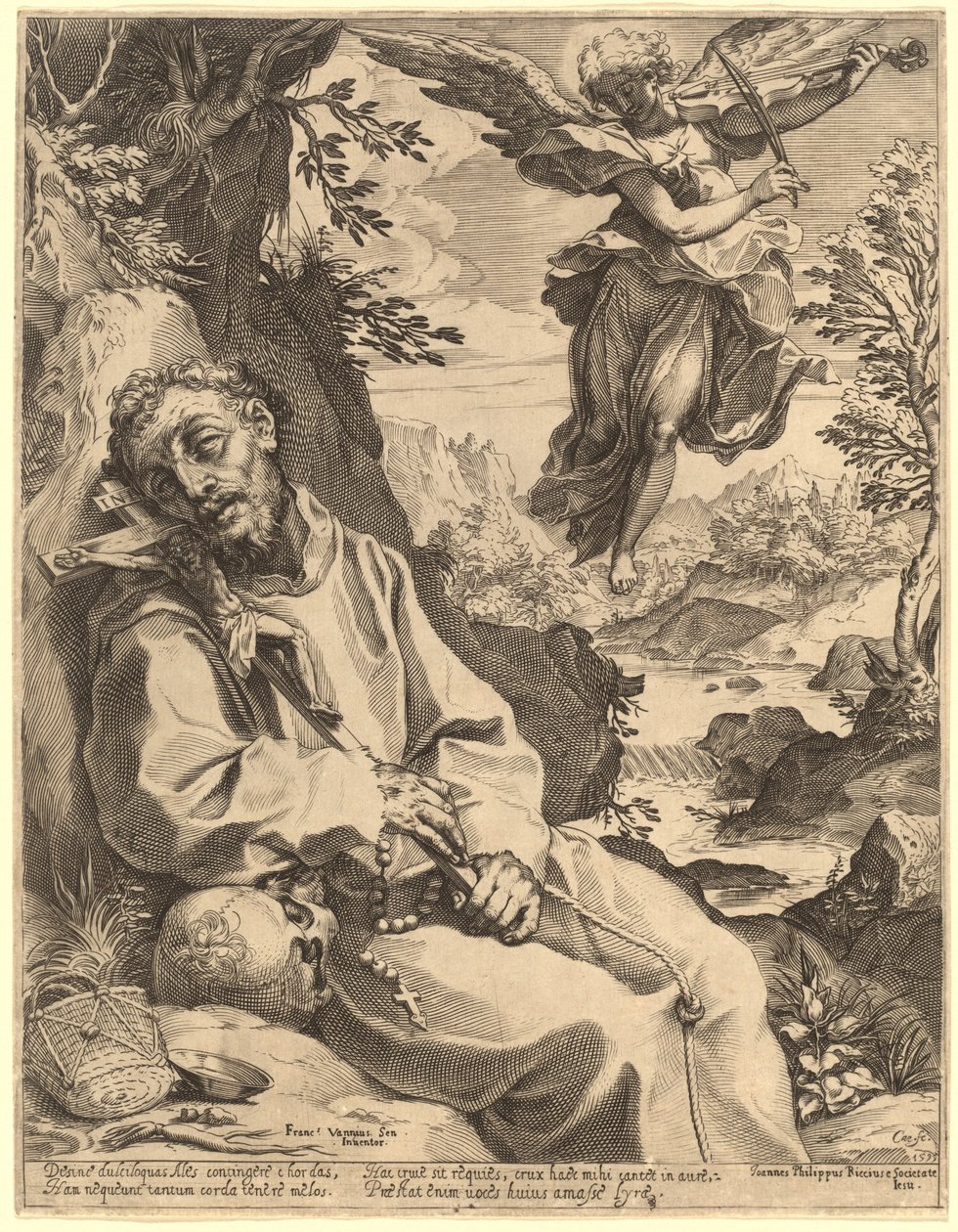 Saint Francis Tröstad av den musikaliska ängeln av Agostino Carracci after Francesco Vanni