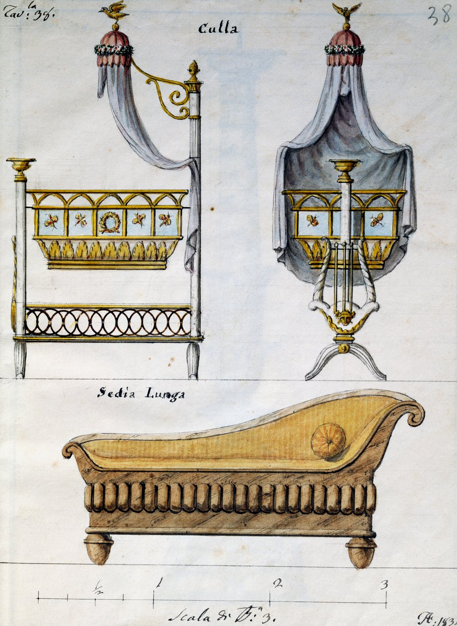 Babysäng och soffa, från Works of carpenter and locksmith uttänkt och designad av mig Agostino Fantastici), manuskript 3, skylt 38 av Agostino Fantastici
