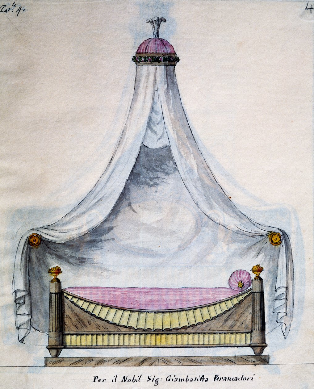 Himmelsäng för Mr Brancadori, från Works of carpenter and locksmith, uttänkt och designad av mig Agostino Fantastici), manuskript 3, skylt 4 (1782-1845) av Agostino Fantastici