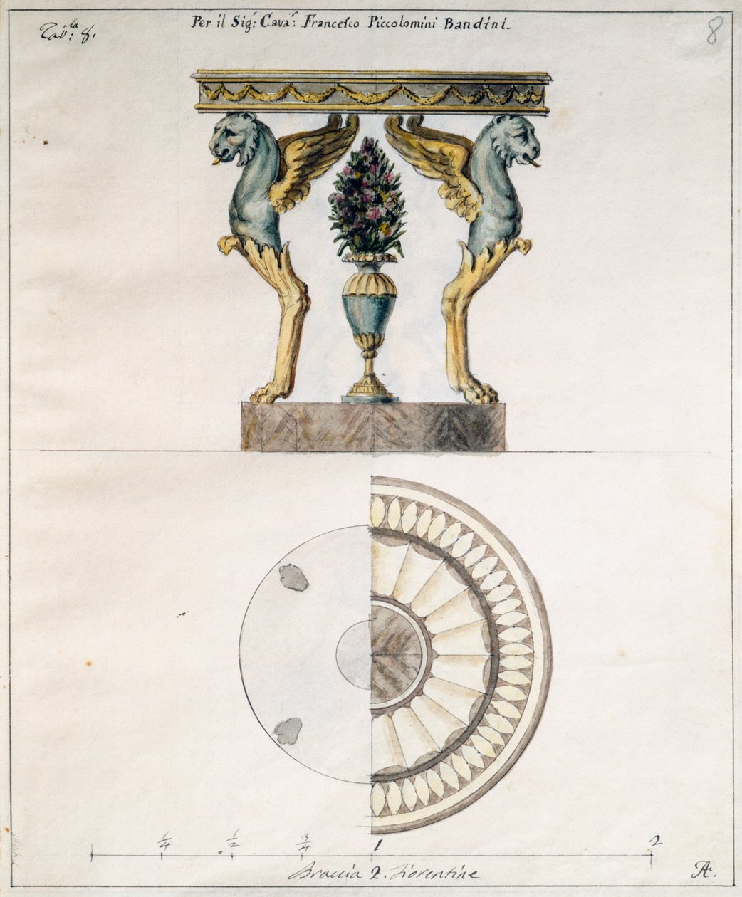 Soffbord designat av Agostino Fantastici (1782-1845) för Francesco Piccolomini Bandini, ritning, Italien av Agostino Fantastici