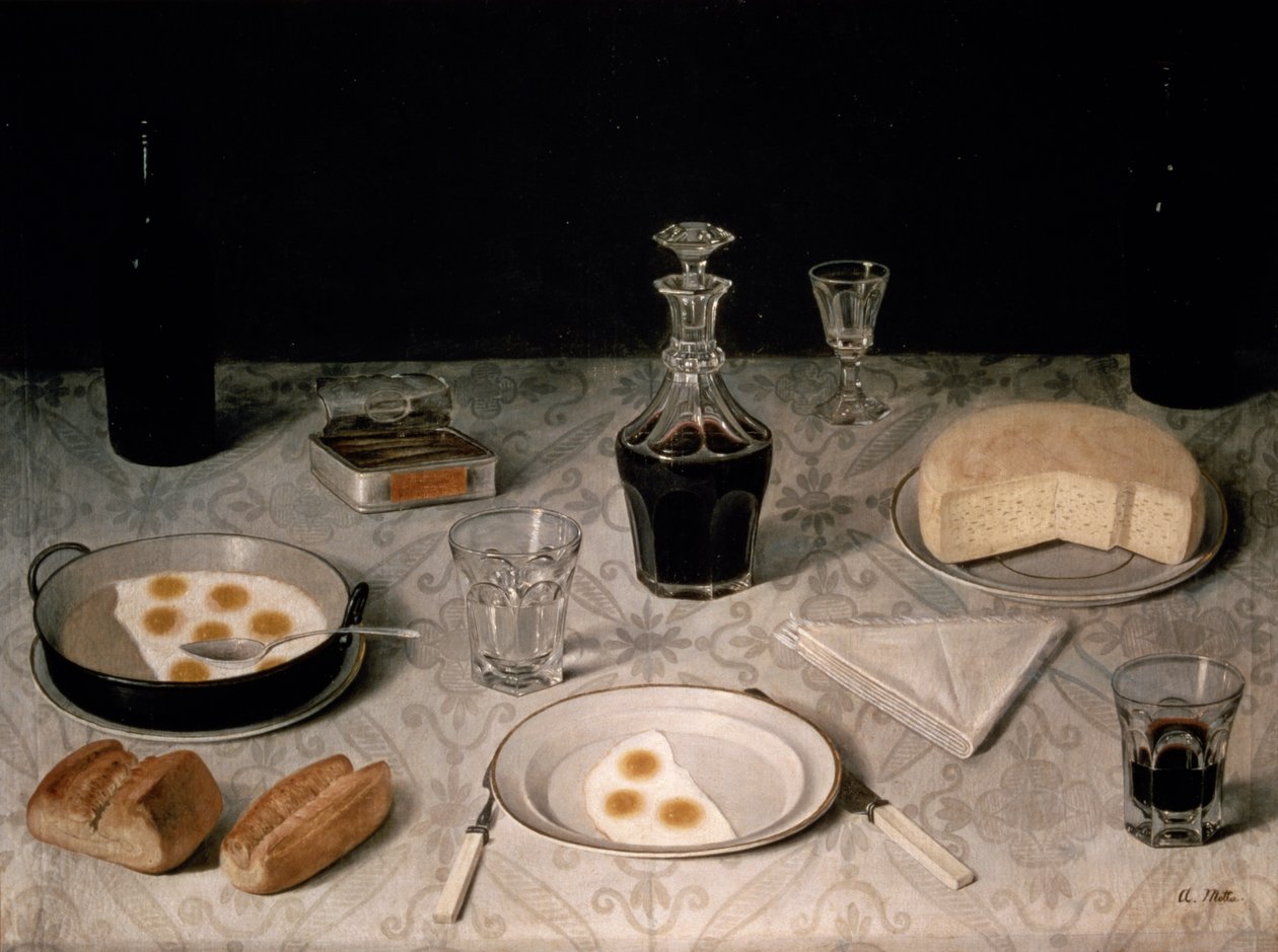 Stilleben med ägg, bröd, ost och vin (olja på duk) av Agostino Jose da Mota