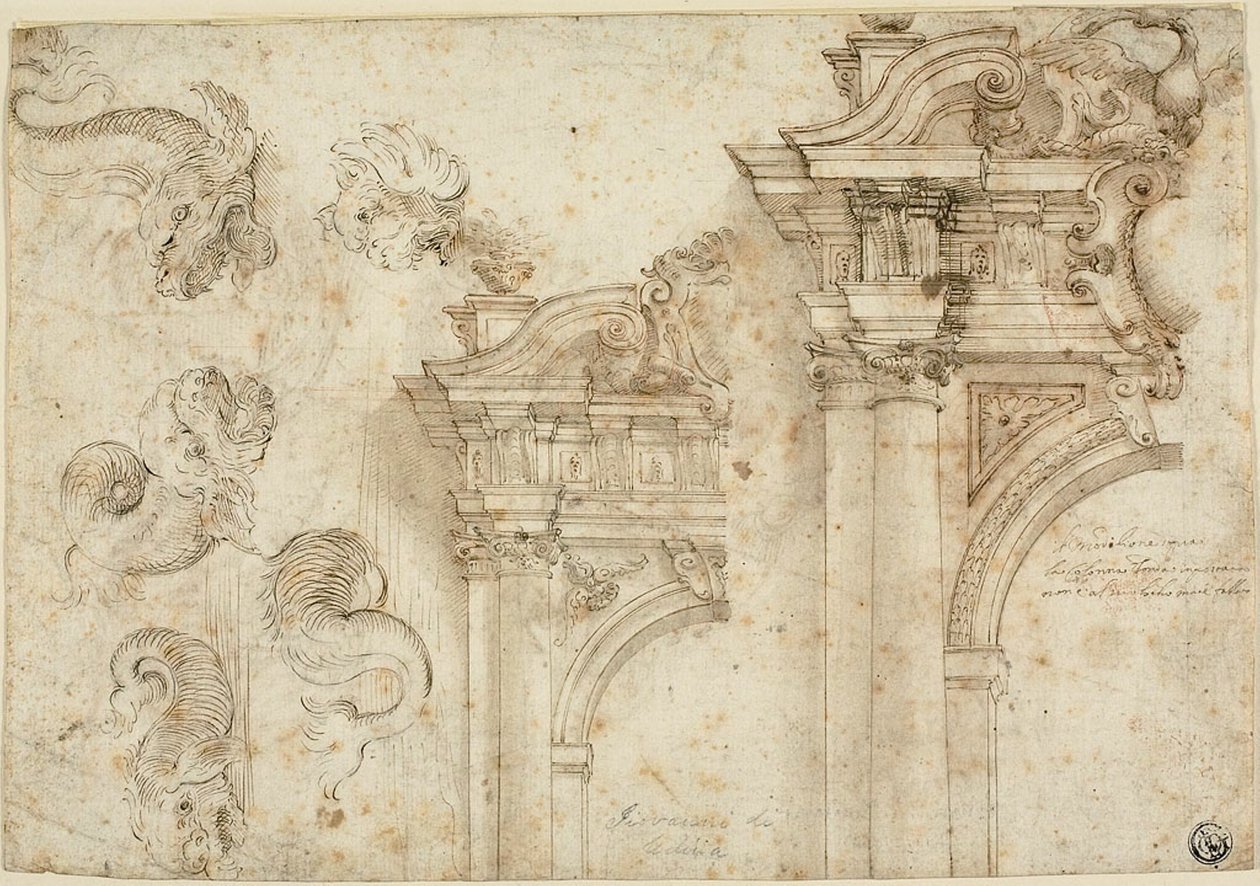 Skissblad: Havsmonster och utarbetade portaler (recto); Skisser av arkitektoniska detaljer (verso) av Agostino Mitelli