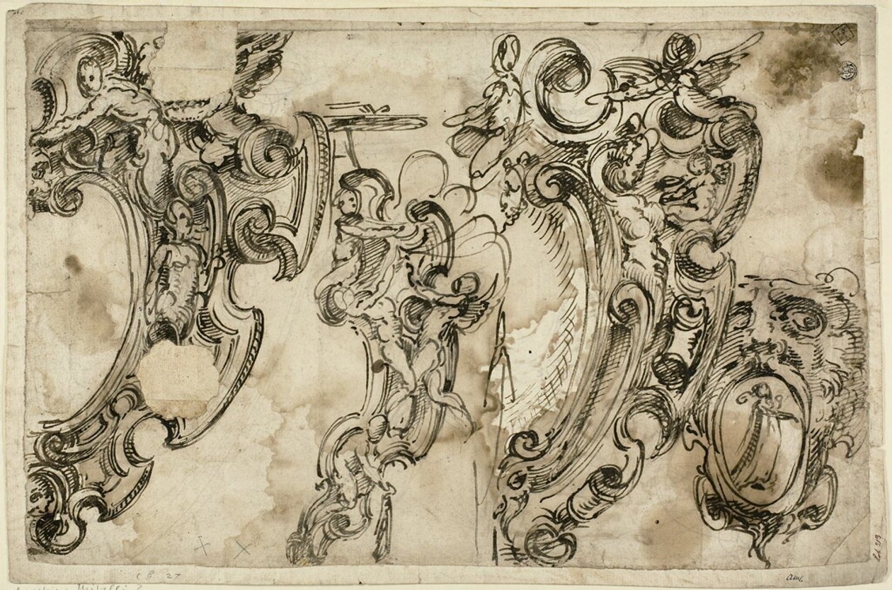 Skisser av dekorativa motiv (recto); Skiss av dekorativt motiv (verso) av Agostino Mitelli