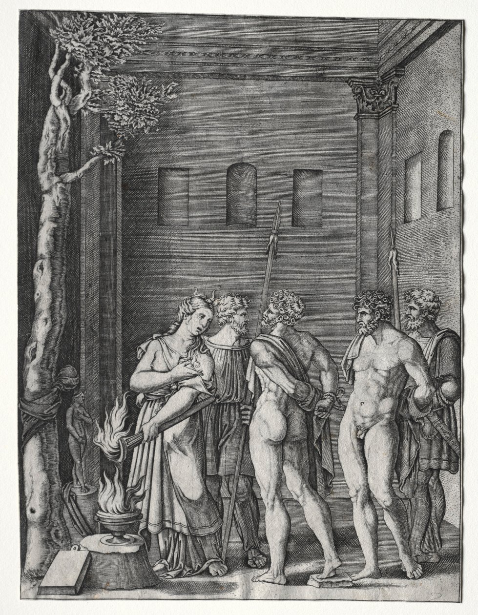 Orestes och Pylades fördes till Iphigenia för att offras, 15141536. av Agostino Musi