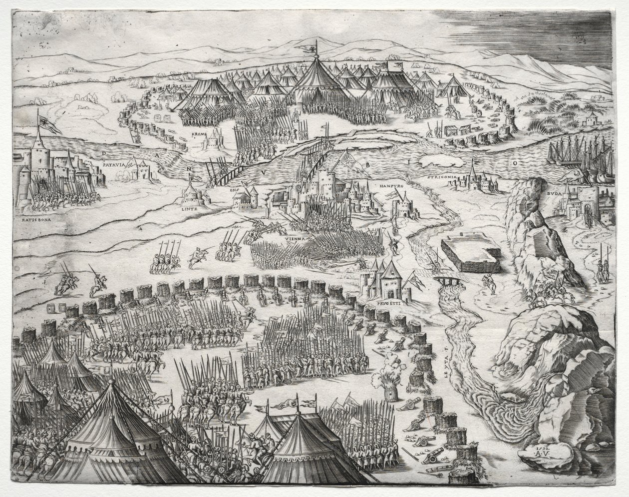 Arméernas position och läger av Charles V och Soliman II, 1532. av Agostino Musi