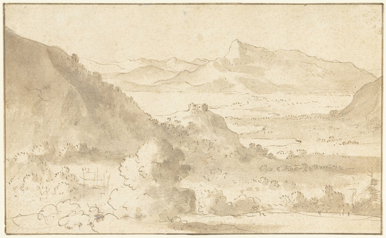 Bergslandskap med en sjö och ett slott av Agostino Tassi (possibly)