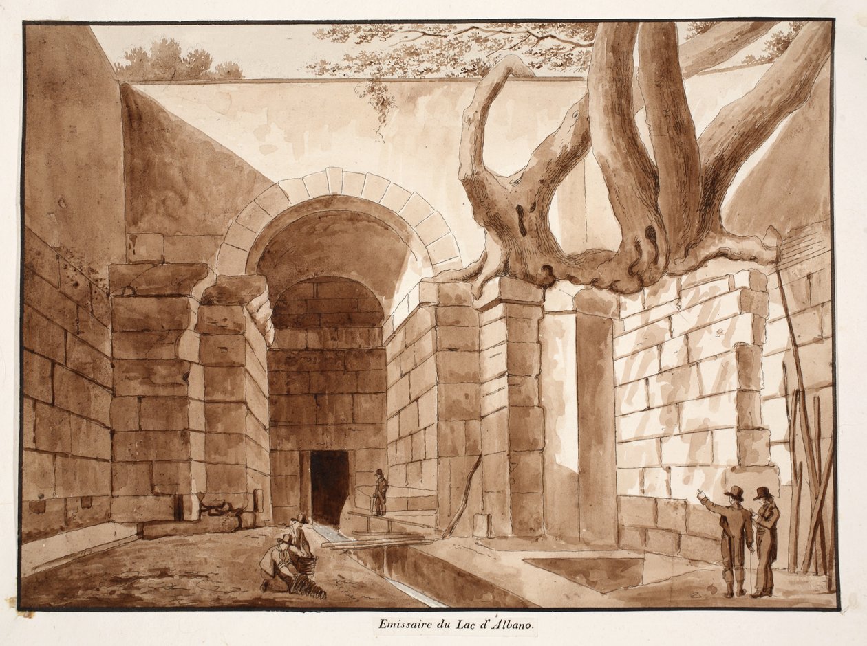 Emissarium of Lake Albano, 1833 (etsning med brun tvätt) av Agostino Tofanelli