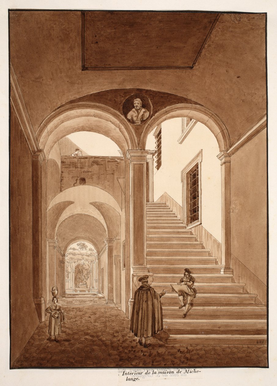 Interiör i Michelangelos hus, 1833 (etsning med brun tvätt) av Agostino Tofanelli