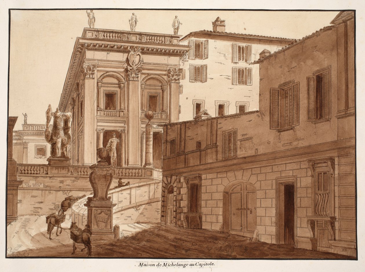 Michelangelos hus på Capitolium, 1833 (etsning med brun tvätt) av Agostino Tofanelli
