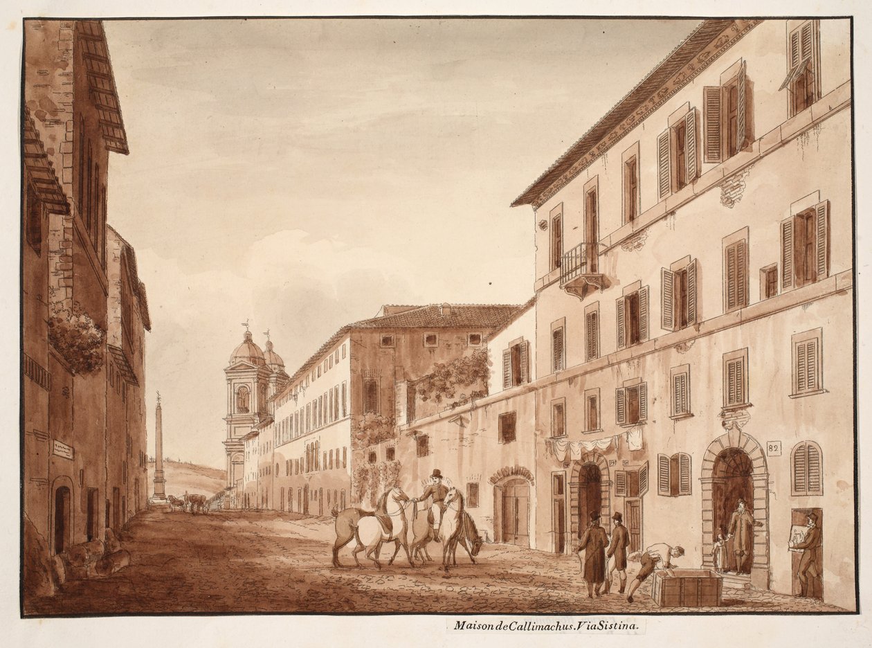 The House of Callimachus, Via Sistina, 1833 (etsning med brun tvätt) av Agostino Tofanelli
