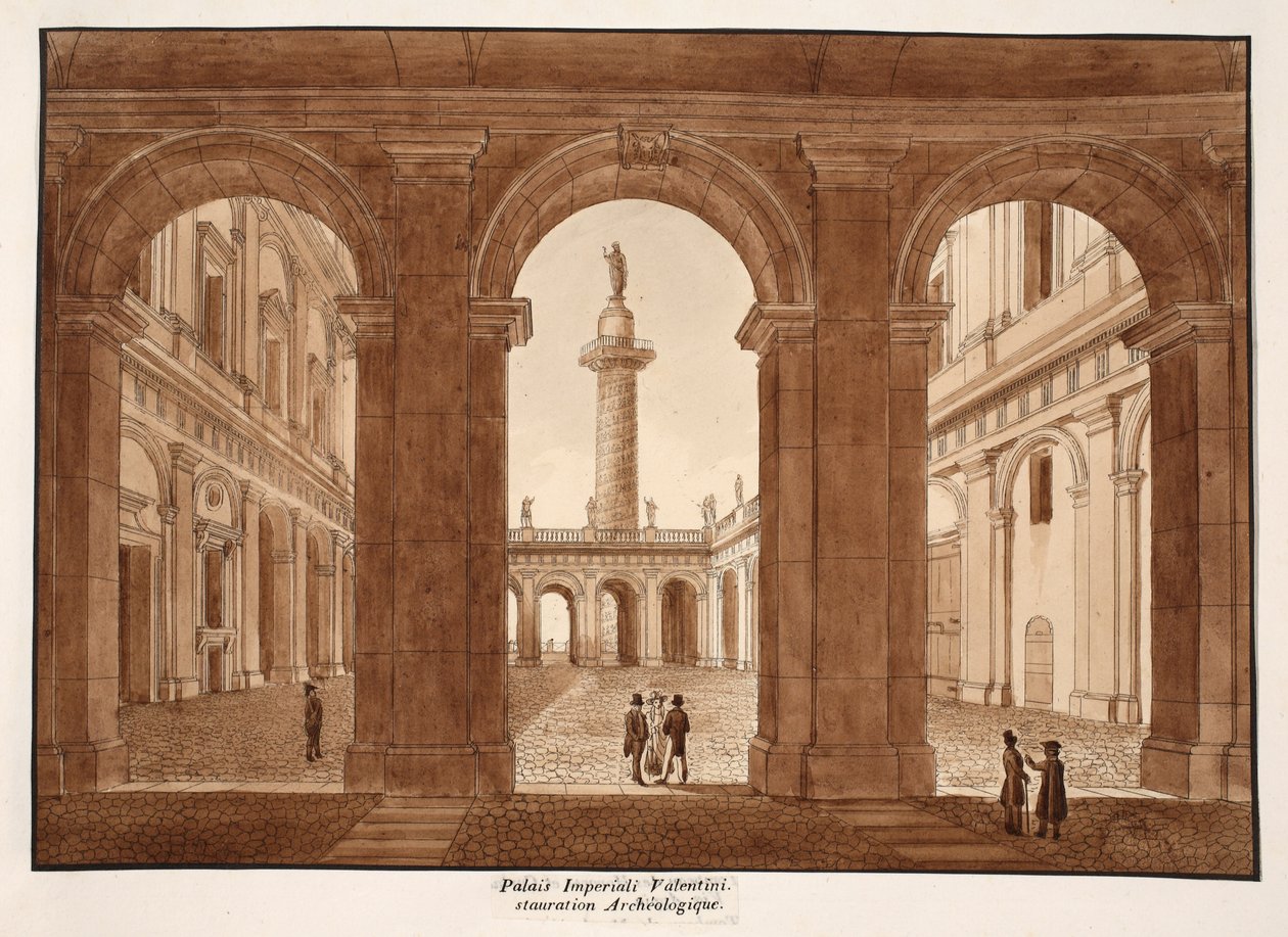 Palazzo Imperiali Valentini. Arkeologisk restaurering., 1833 (etsning med brun tvätt) av Agostino Tofanelli