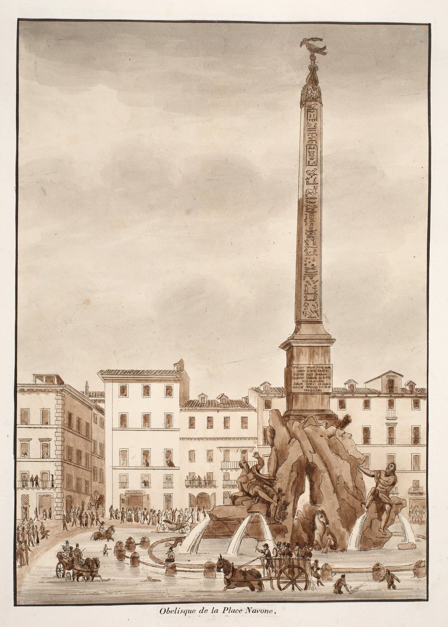 Piazza Navona Obelisk, 1833 (etsning med brun tvätt) av Agostino Tofanelli