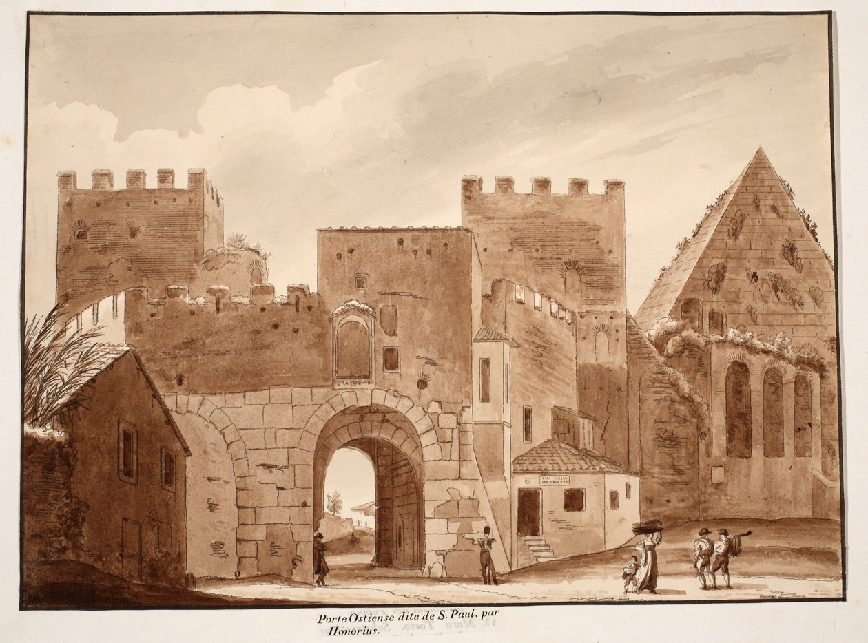 Porta Ostiensis eller San Paolo, byggd av Honorius, 1833 (etsning med brun tvätt) av Agostino Tofanelli