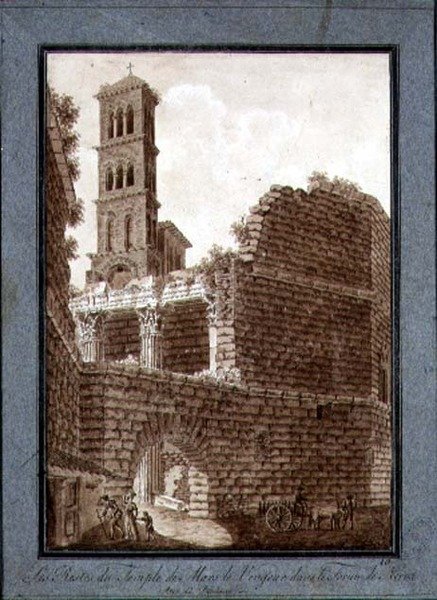 Marstemplet vid Forum i Rom, ca 1800 (penna och bläck med sepiatvätt på papper) av Agostino Tofanelli