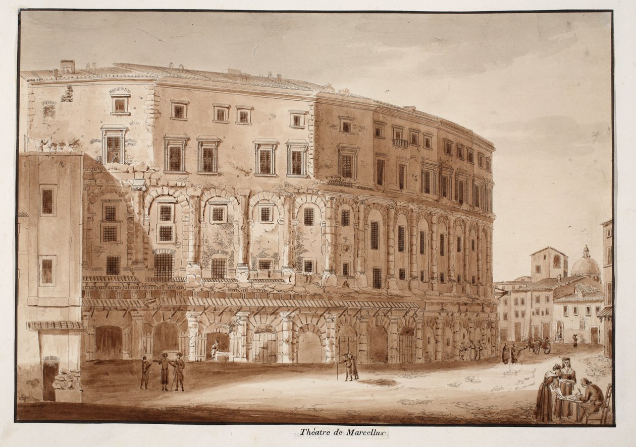Marcellus teater, 1833 (etsning med brun tvätt) av Agostino Tofanelli