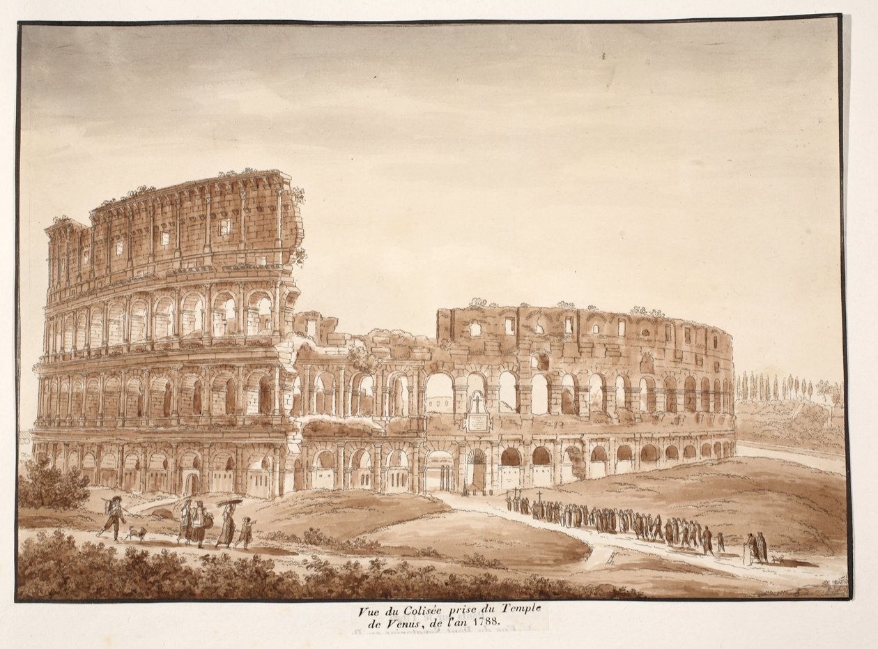 Utsikt över Colosseum från Venustemplet, 1833 (etsning med brun tvätt) av Agostino Tofanelli