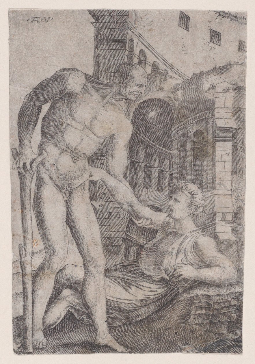 En man som hjälper en annan att komma på fötter, ca. 1514-36. av Agostino Veneziano