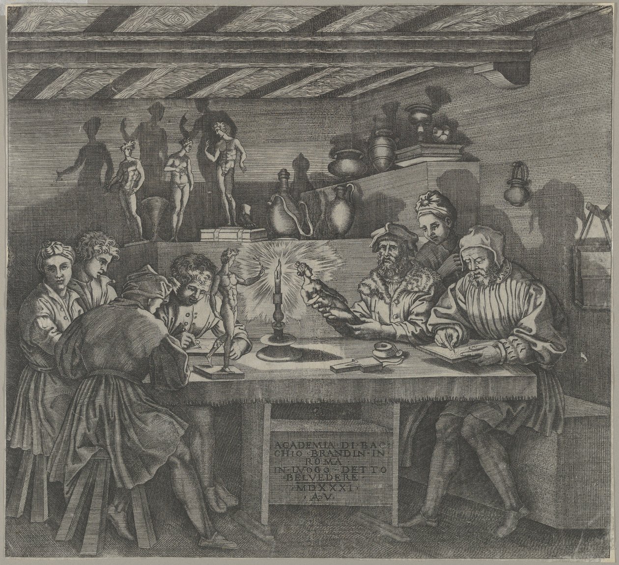 Baccio Bandinelli i sin ateljé med en statyett av Venus, elever som skissar från en mor..., 1531. av Agostino Veneziano