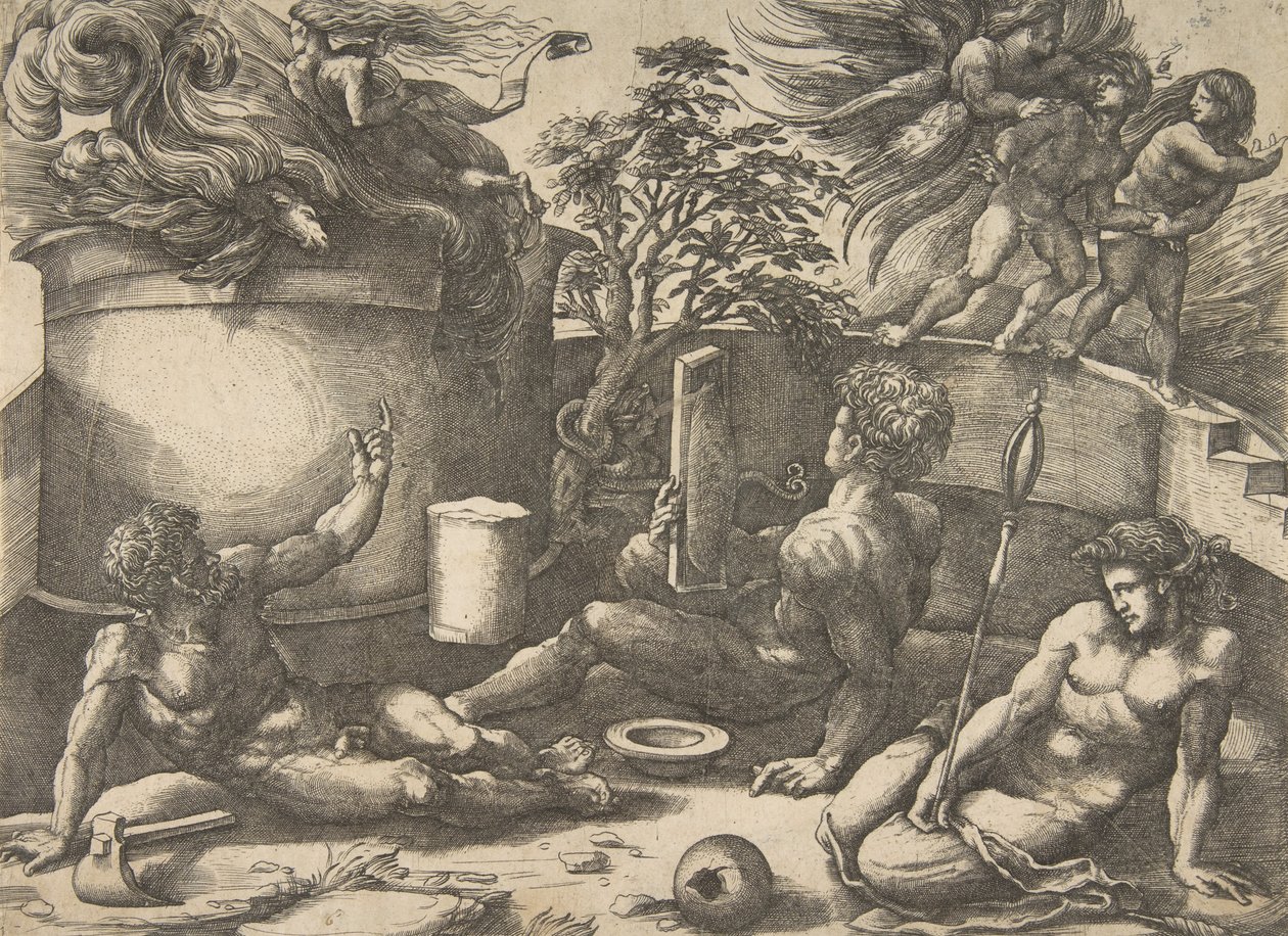 Kain håller i en spegel och ser sitt offer uppslukat av lågor, Adam och Eva sitter..., ca. 1530-50. av Agostino Veneziano