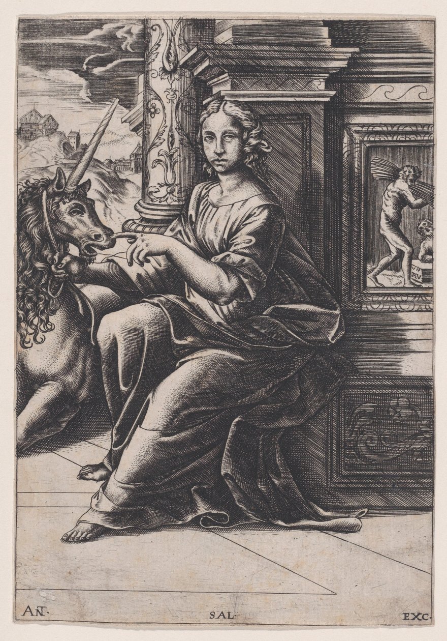 Kyskhet, en kvinna som sitter, en enhörning till höger om henne, c. 1515-30. av Agostino Veneziano