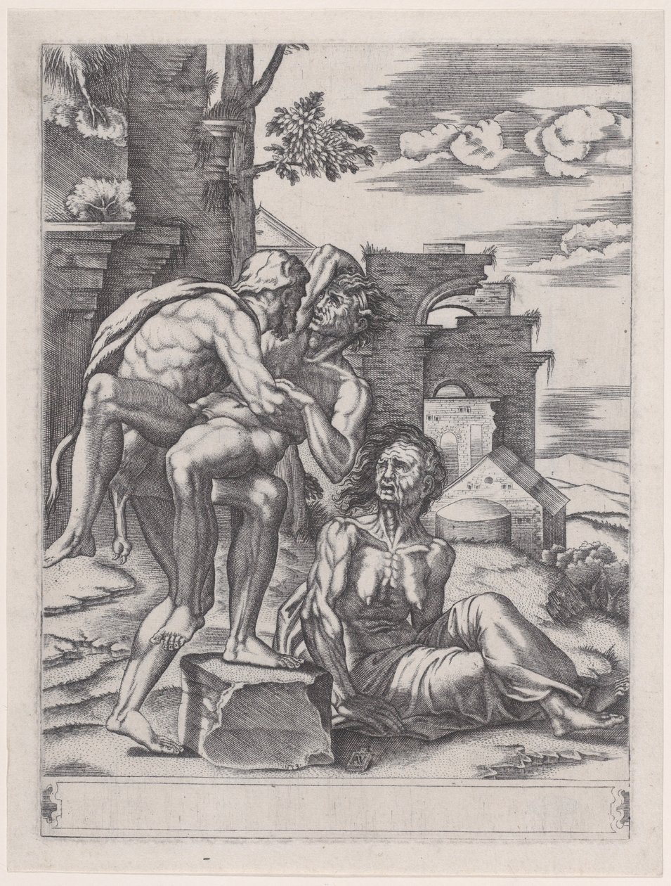 Hercules och Antaeus, daterad 1533., daterad 1533. av Agostino Veneziano